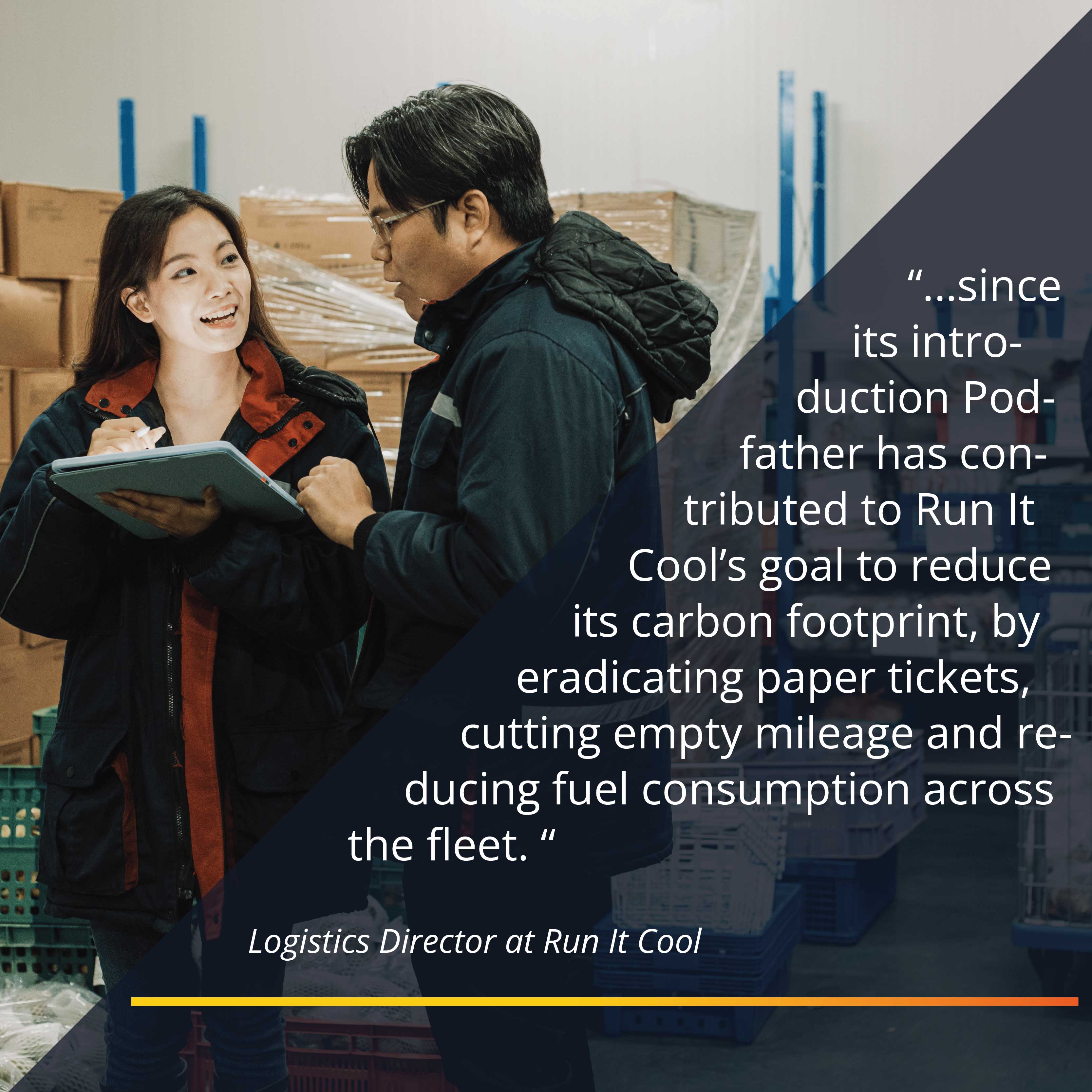 Two people talking with customer quote over the top