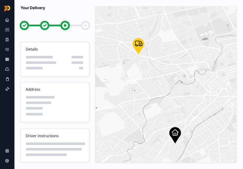 Rectangle with a green line with circles and a grey area showing a map with a yellow and a black marker