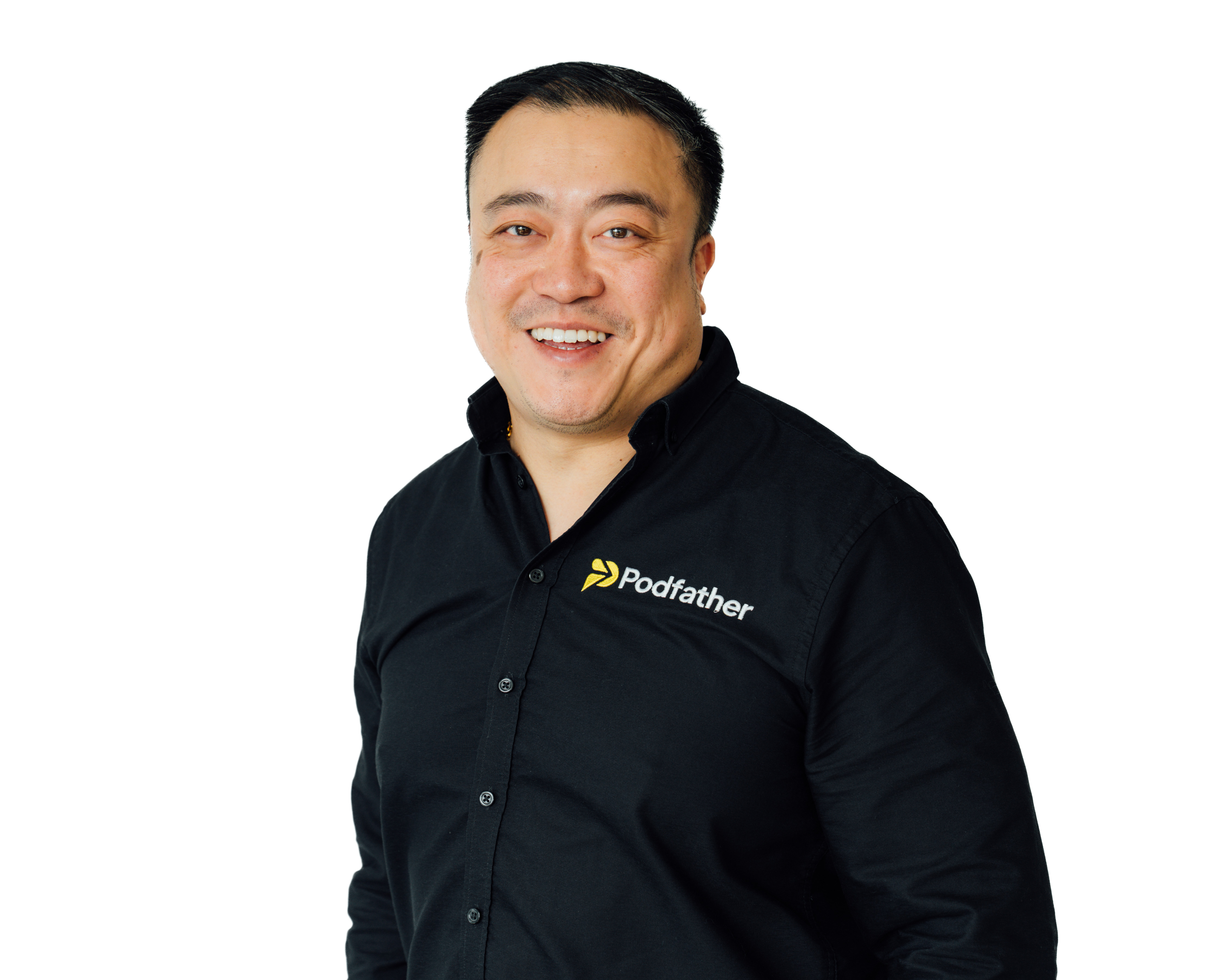 smiling man in a black shirt
